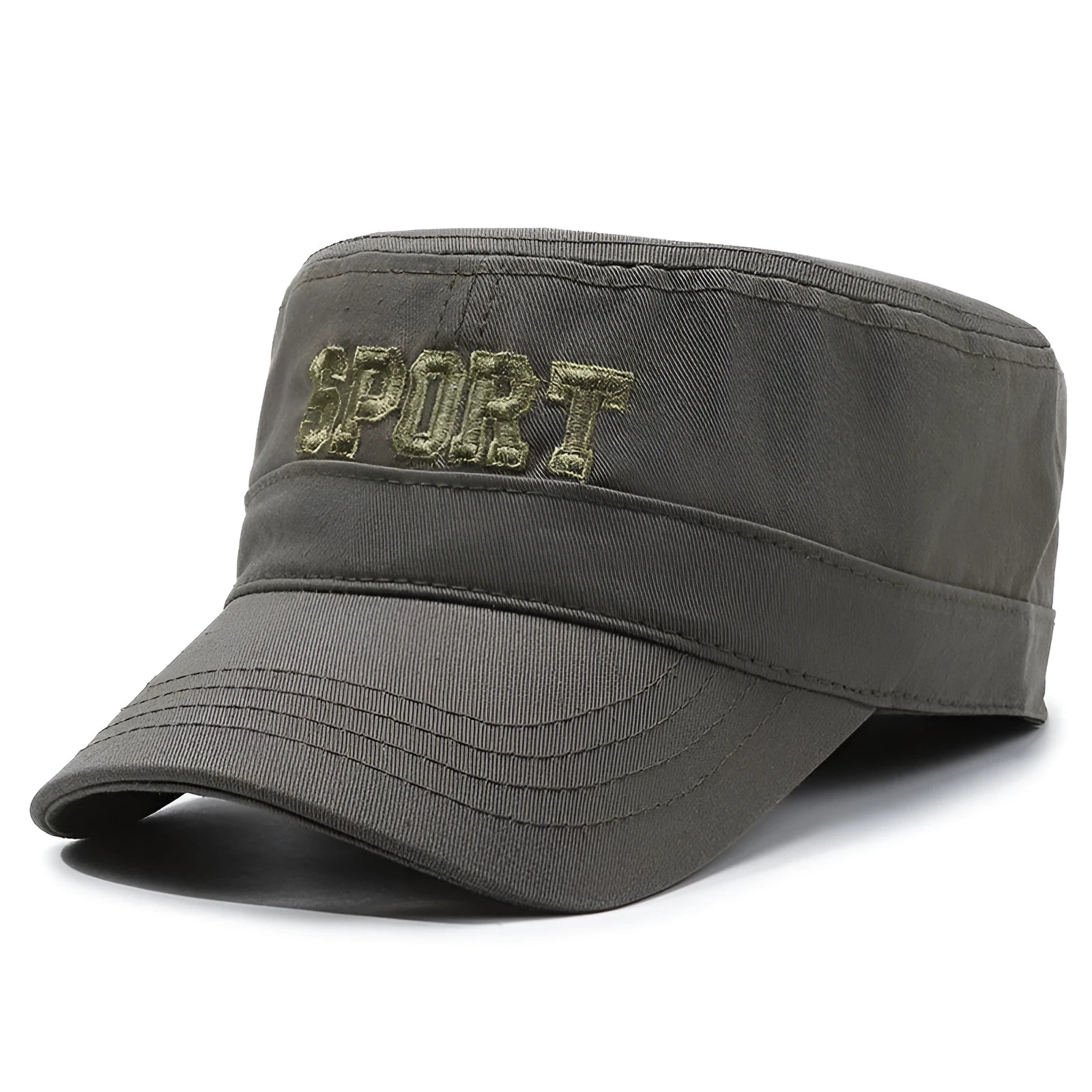 Men's flat-top peaked cap in cotton on adjustable strap, shown in army green colour.