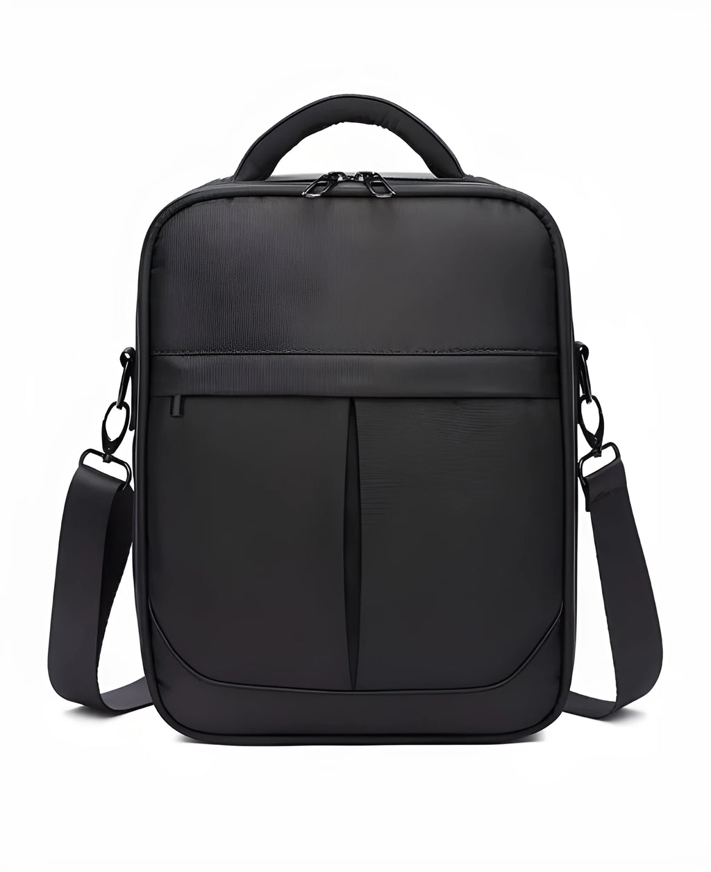 Black Oxford fabric men's messenger shoulder bag showing dimensions and texture