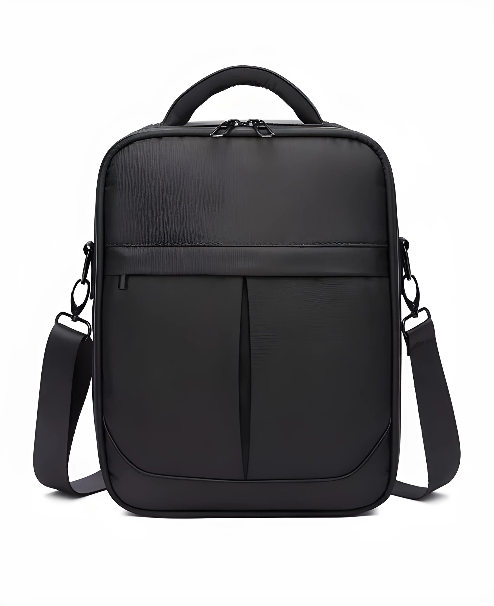 Black Oxford fabric men's messenger shoulder bag showing dimensions and texture