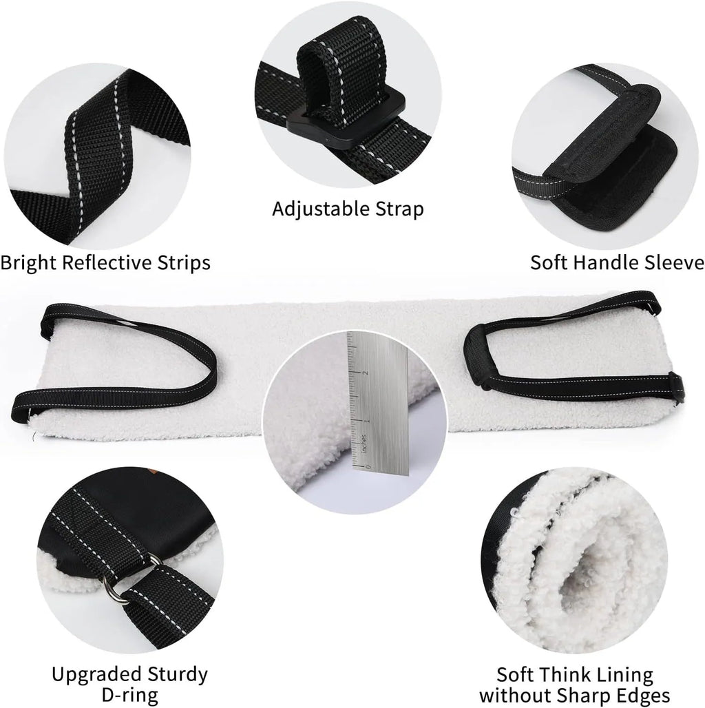 Portable dog sling supporting hind legs and buttocks with adjustable reflective straps and padded handle