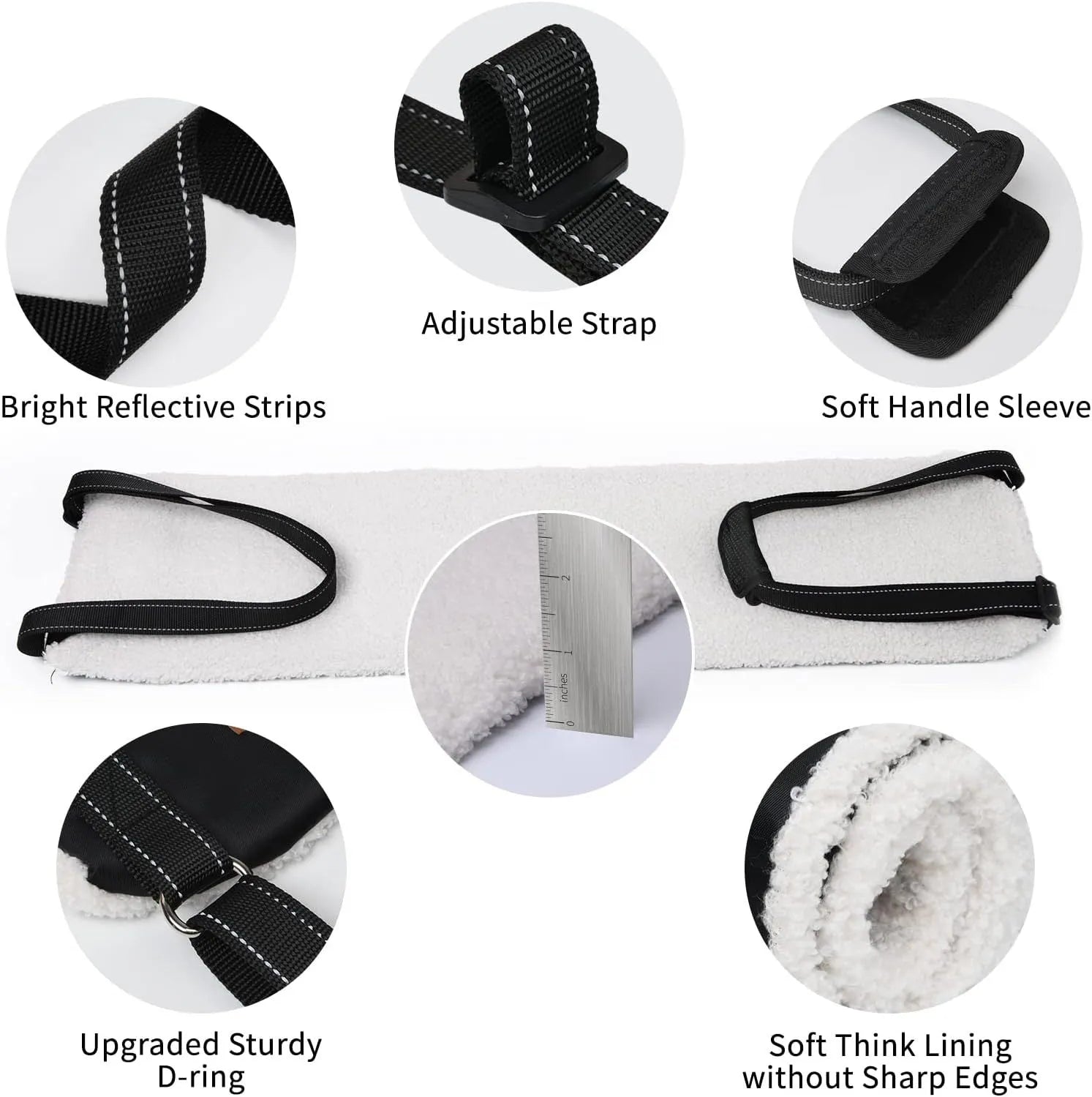 Portable dog sling supporting hind legs and buttocks with adjustable reflective straps and padded handle