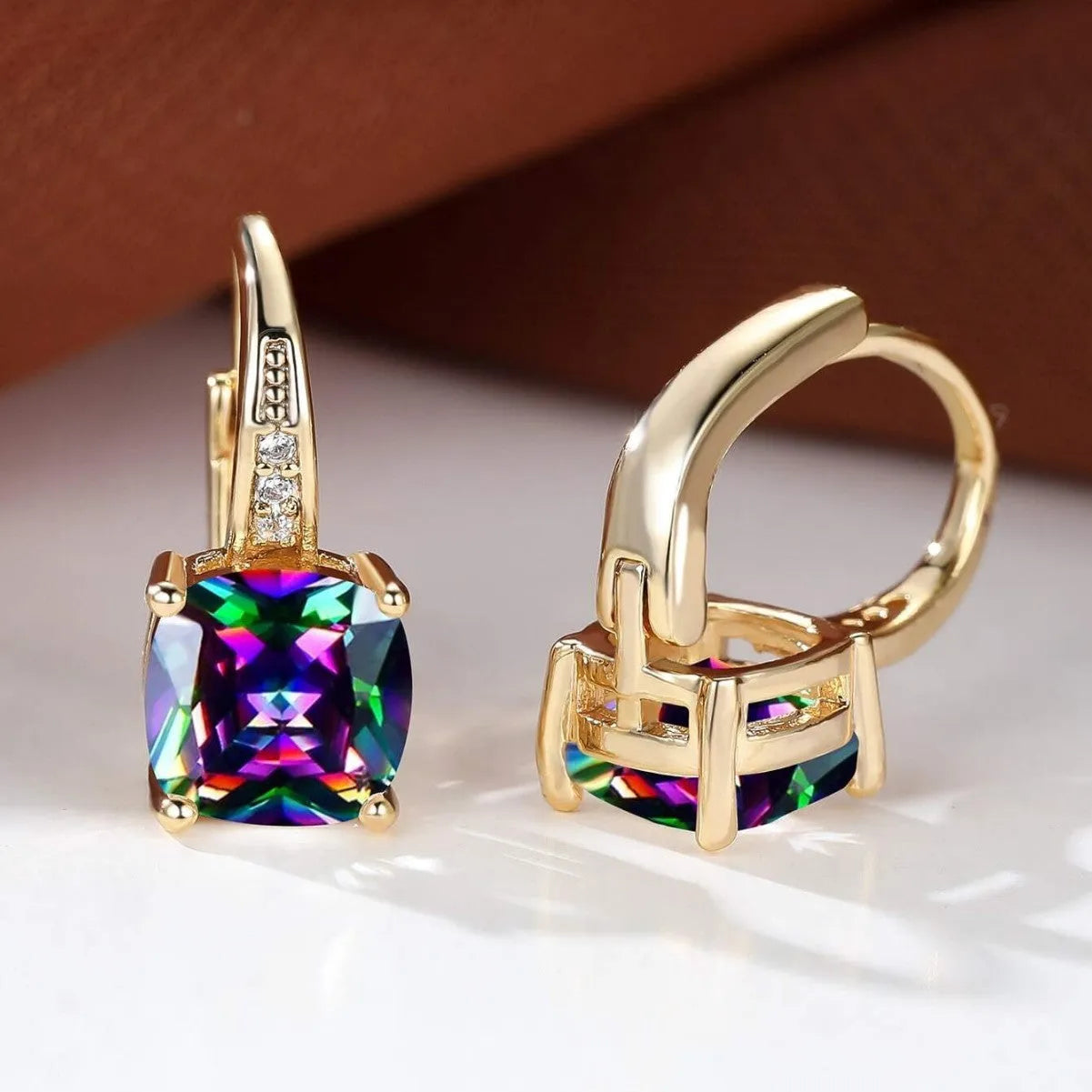 Square copper ear clips with colourful moissanite inlays in gold electroplated finish