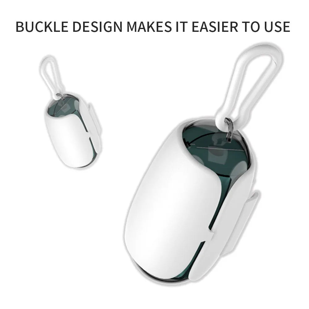 White and translucent grey space capsule dog poop bag dispenser with leash clip and top hook