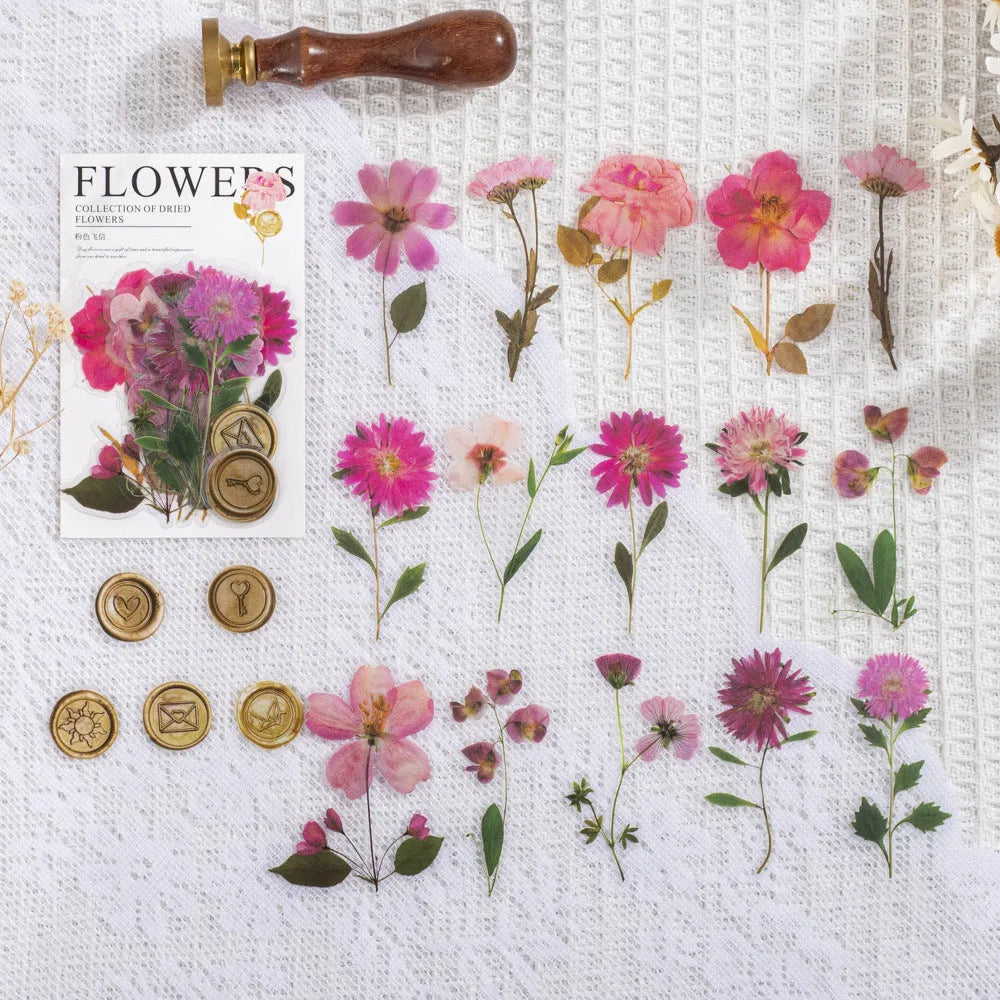 Set of 40 printed PET decorative stickers showing eight artistic styles including dried flowers and leaf specimens.