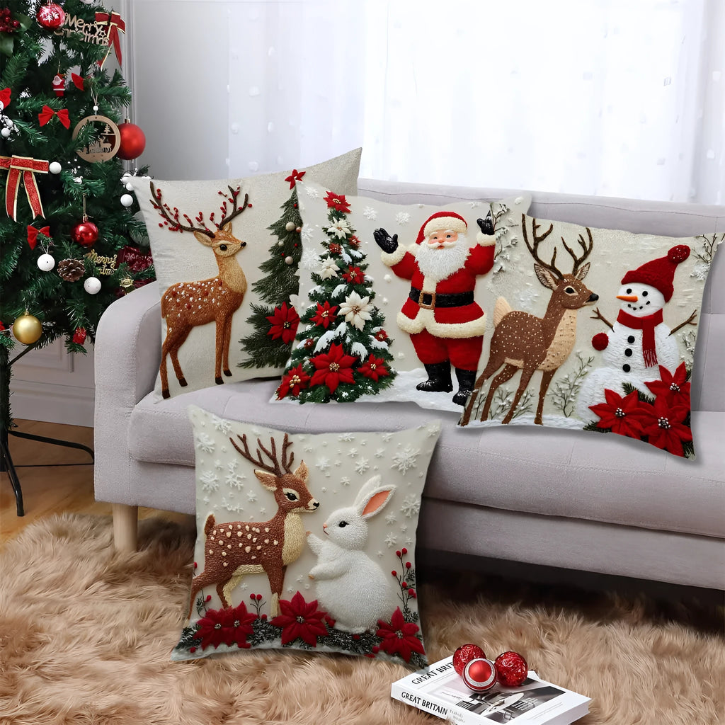 Christmas cushion cover 45x45cm with elk and rabbit print on linen-style fabric for sofa decoration