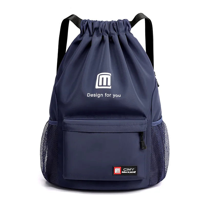 Oxford drawstring backpack in bucket shape with pull-cord closure and water-repellent fabric