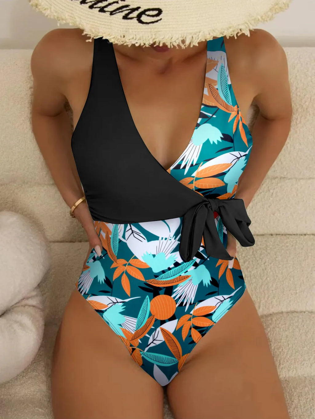 Women's high-waist one-piece bikini with printed pattern in quick-dry polyester fabric