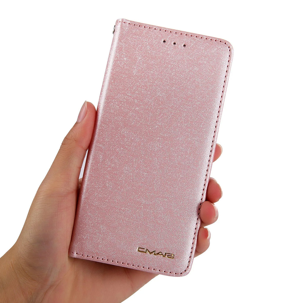 Apple iPhone flip case in PU leather with card slots, shown in multiple colour options.