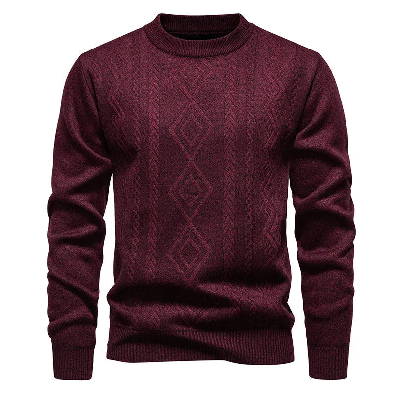 Men's loose knitted sweater in blue grey, round neck, long sleeve, ribbed hem, thickened polyester blend.