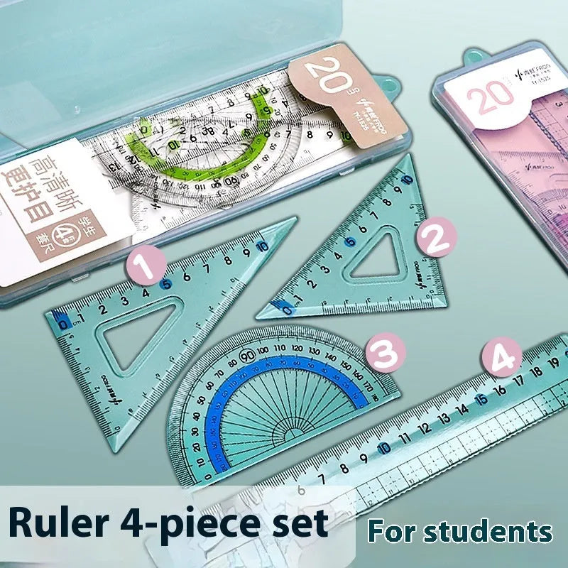 Youpai transparent acrylic drawing ruler set with square and protractor tools on a desk.