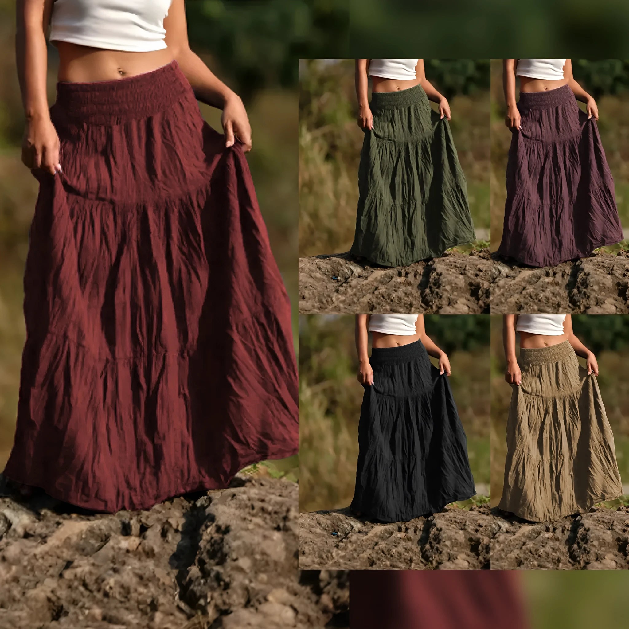 Women's beige waist smocking mid-length retro skirt with folding details