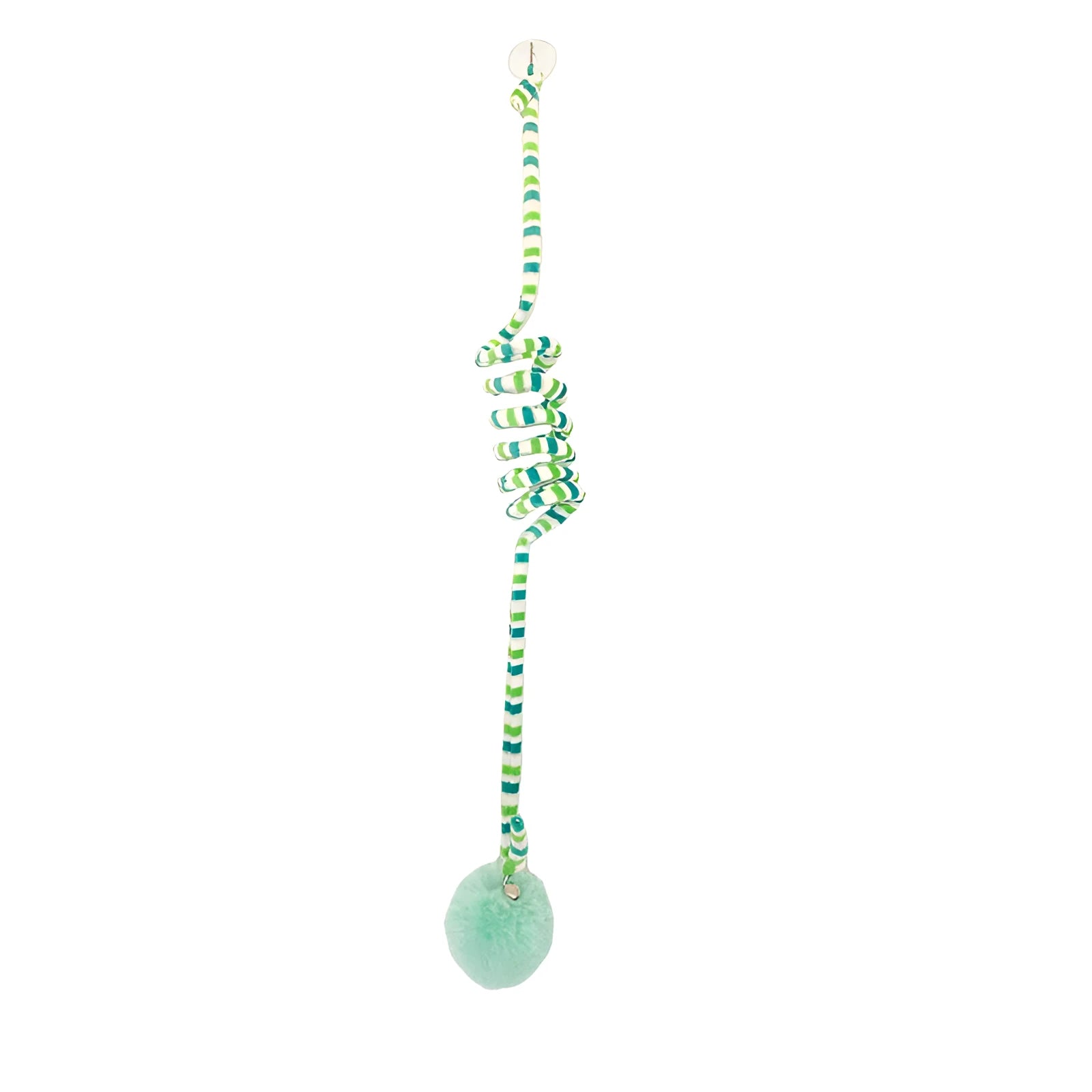 Spring cat toy with bell stick, inflatable ball, and suction cup mount in multiple colour options