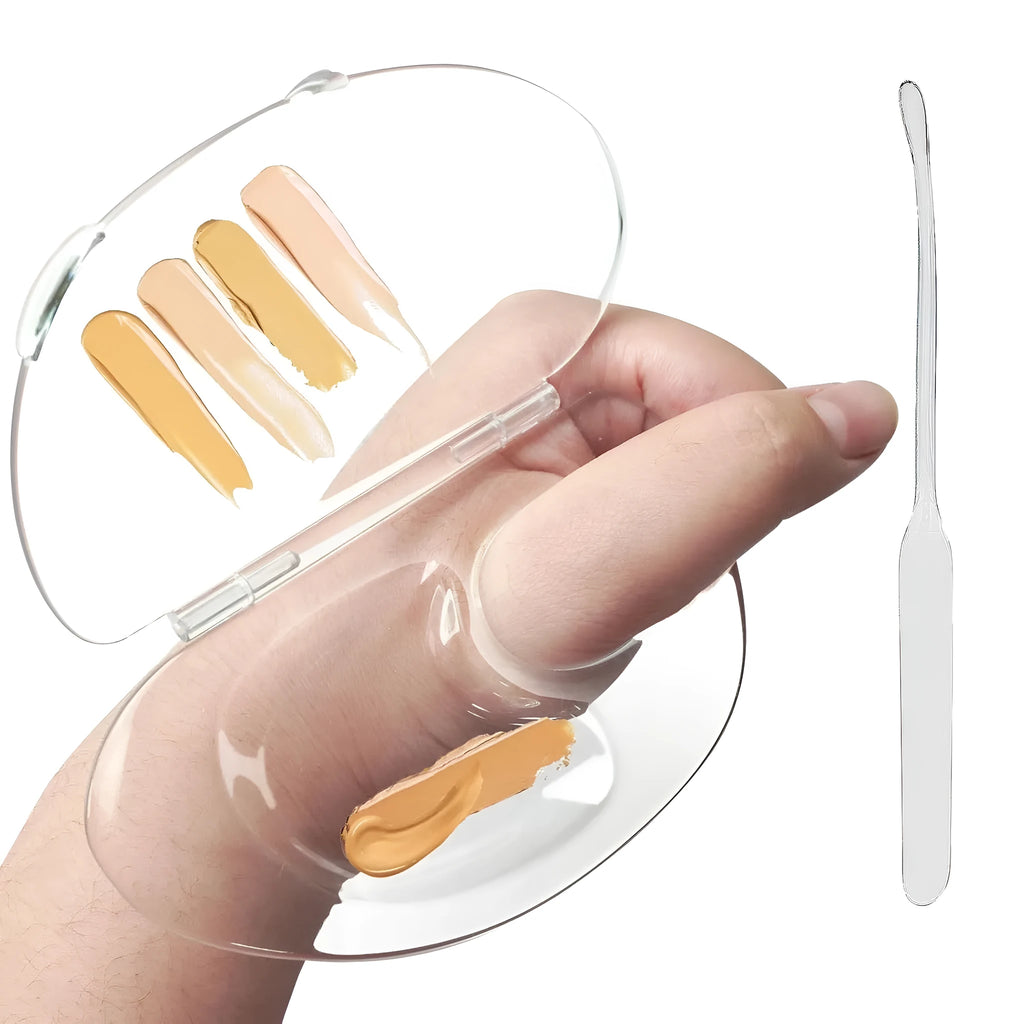 Transparent acrylic makeup mixing palette showing storage groove and colour test areas.