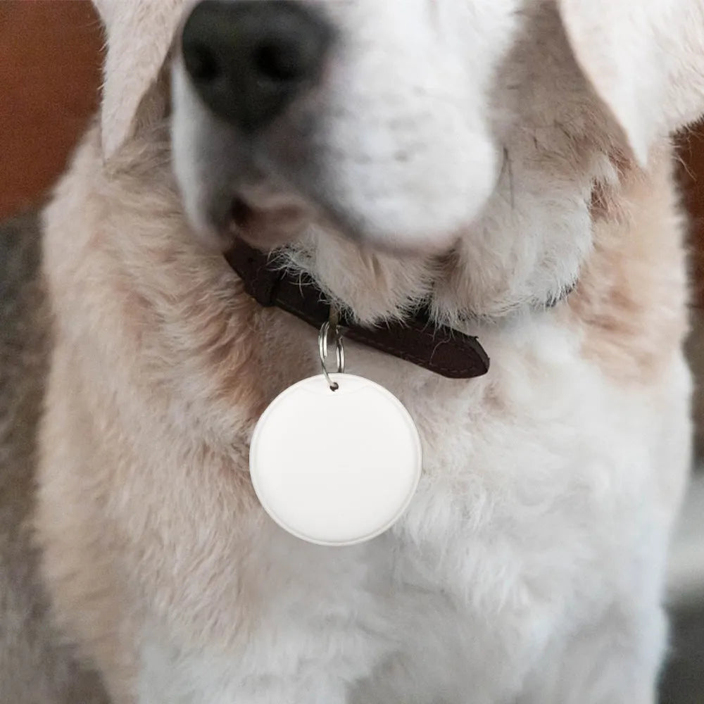 White and black GPS tracker for pets and keys with hanging rope attachment