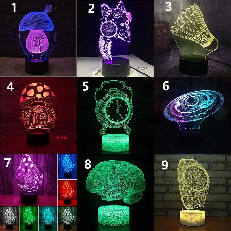 3D colourful LED desk lamp with remote control and touch panel on black ABS base