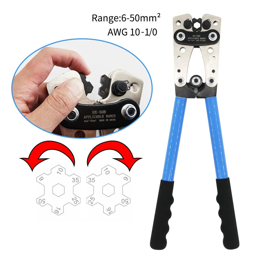 HX-50B heavy-duty aluminium handle crimping pliers and large cable cutter set on workbench