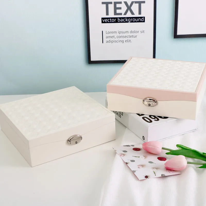 Red and white large capacity PU jewellery storage box for necklaces and rings.