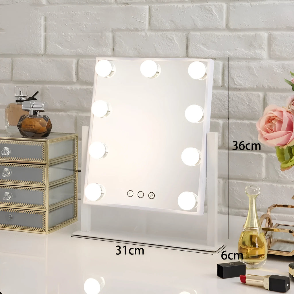 Black LED vanity makeup mirror with 9 bulbs mounted on a wall, 31x36cm