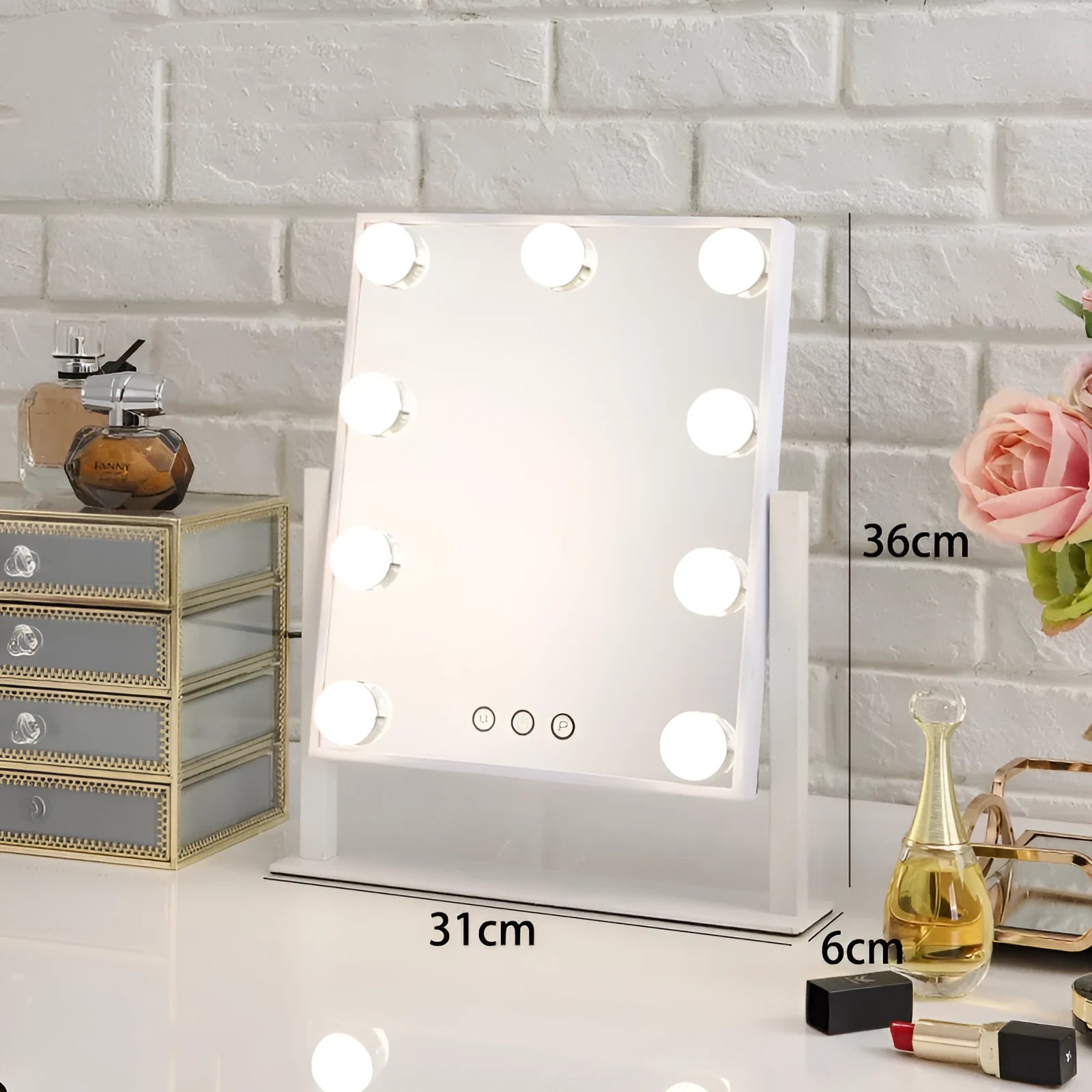 Black LED vanity makeup mirror with 9 bulbs mounted on a wall, 31x36cm