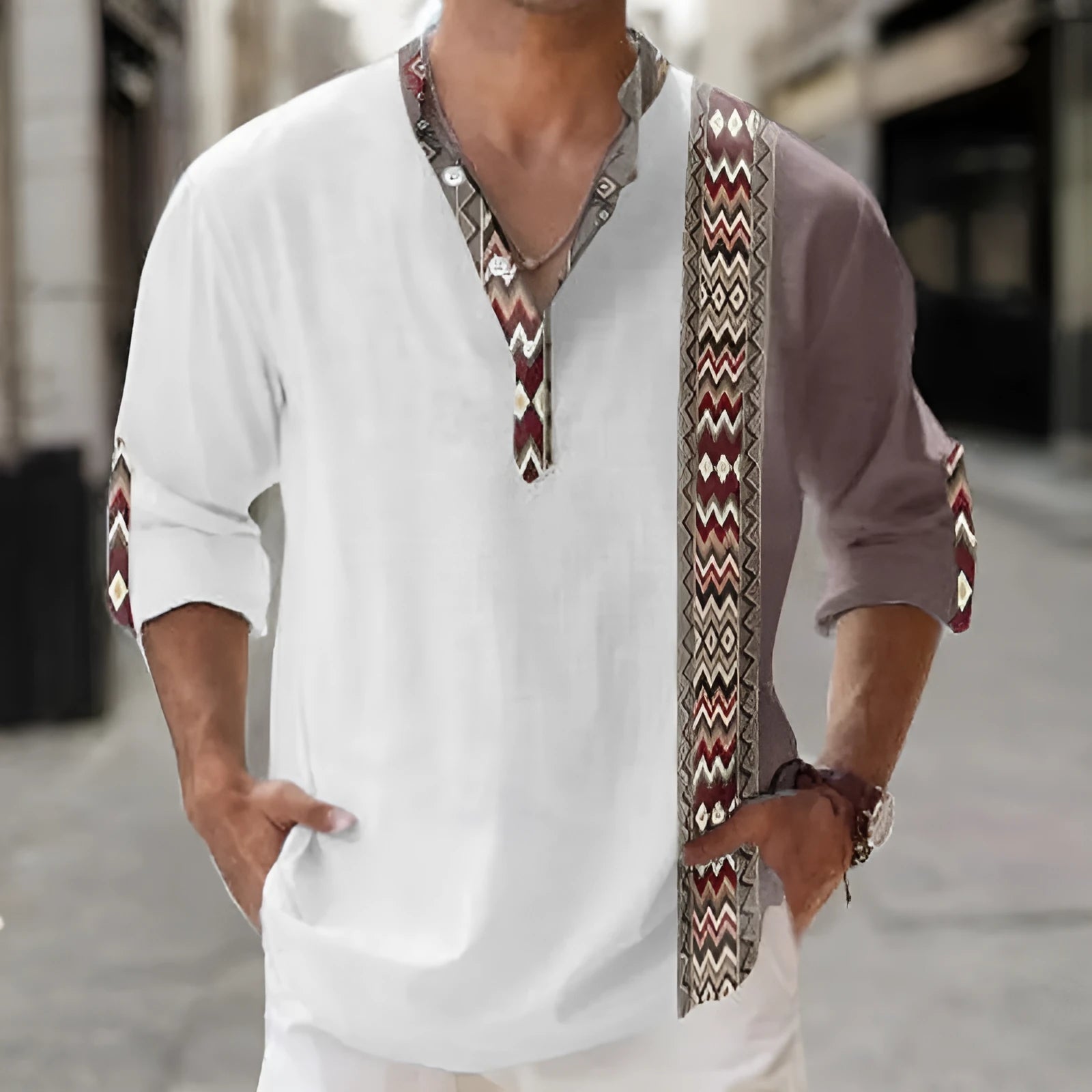 Man wearing a thin, striped long sleeve Hawaiian-style casual shirt in lilac.