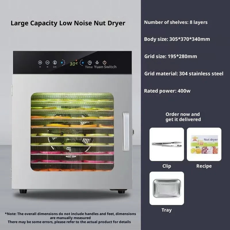 12-layer food dehydrator with stainless steel valve body, touch screen, and 19.5x28cm tray