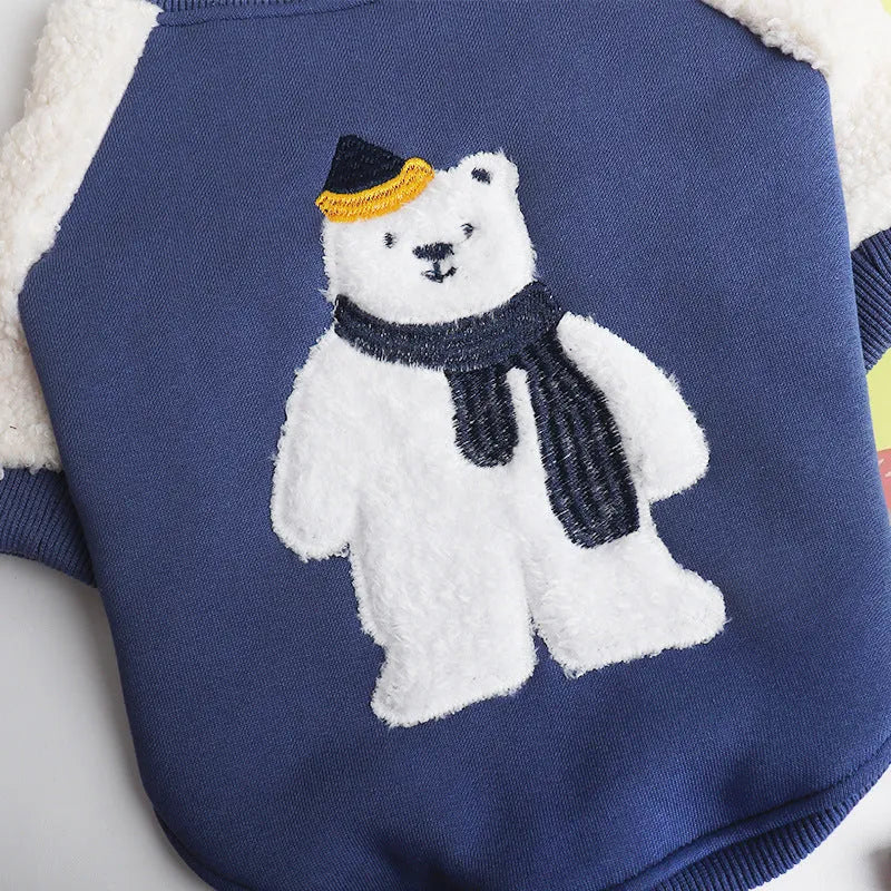 Dark blue fleece-lined winter dog coat with cotton construction showing size options L to 4XL