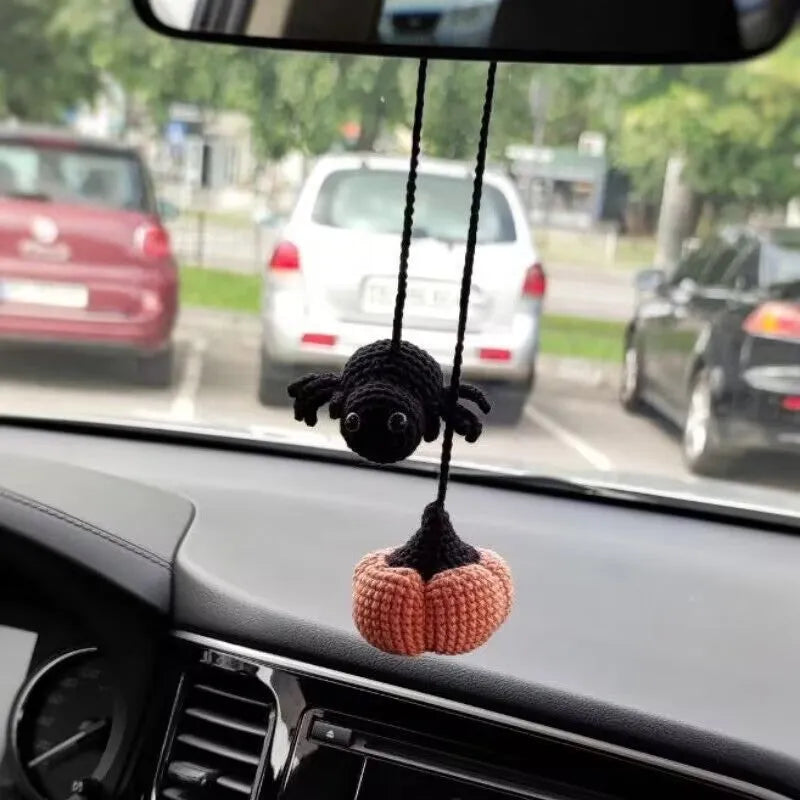 Polyester plush hand-woven cartoon automobile hanging ornament showing Halloween bat and ghost designs.