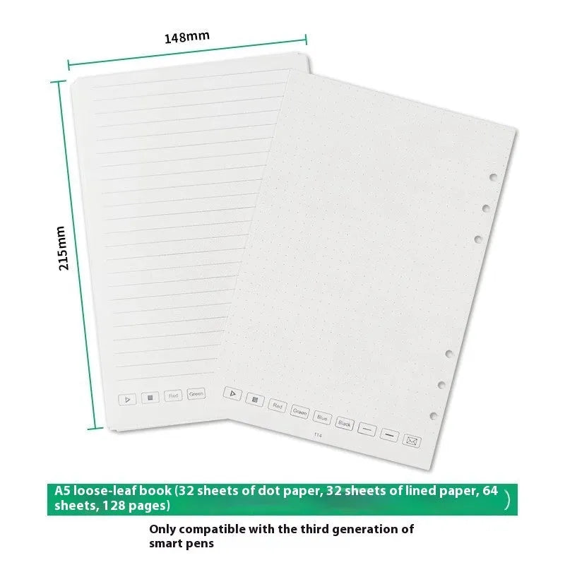 Loose spiral notebook filling paper replacement set with 64 pages and multiple pen refill types