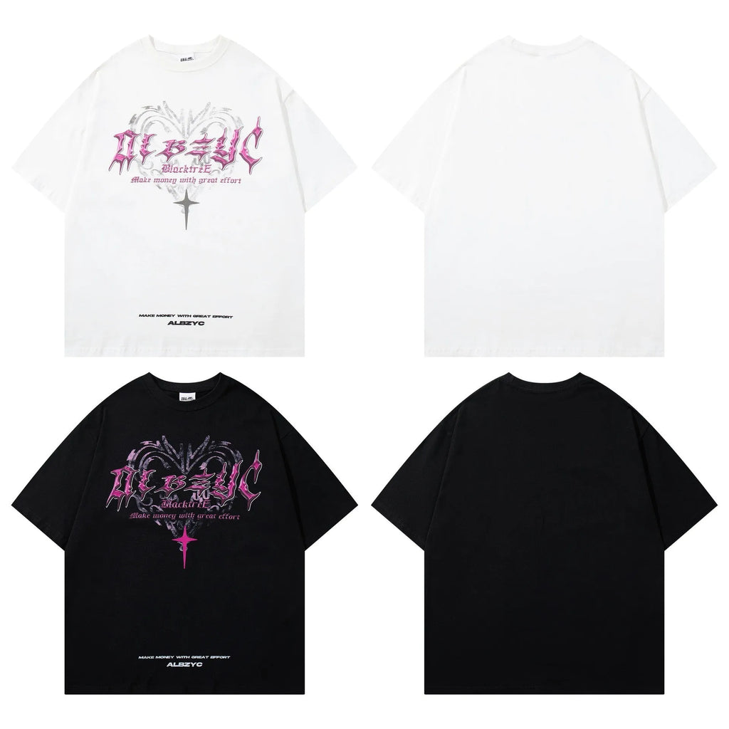 Man wearing a black retro print loose-fit cotton T-shirt with short sleeves.