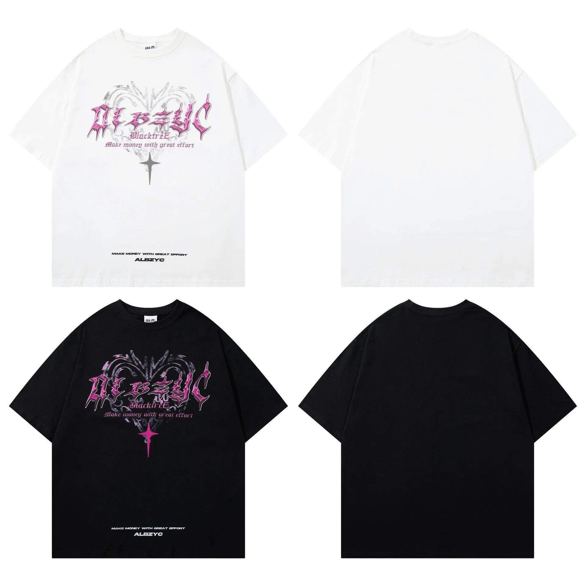 Man wearing a black retro print loose-fit cotton T-shirt with short sleeves.