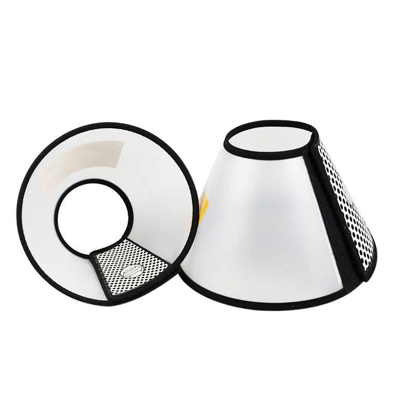 Transparent PP pet cleaning ring collar with adjustable Velcro, shown in size options for 9-46cm necks