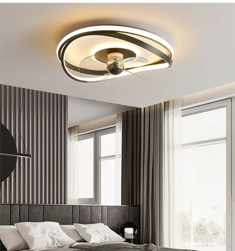 Modern black ceiling fan lamp with integrated LED light and remote control for bedroom or dining room