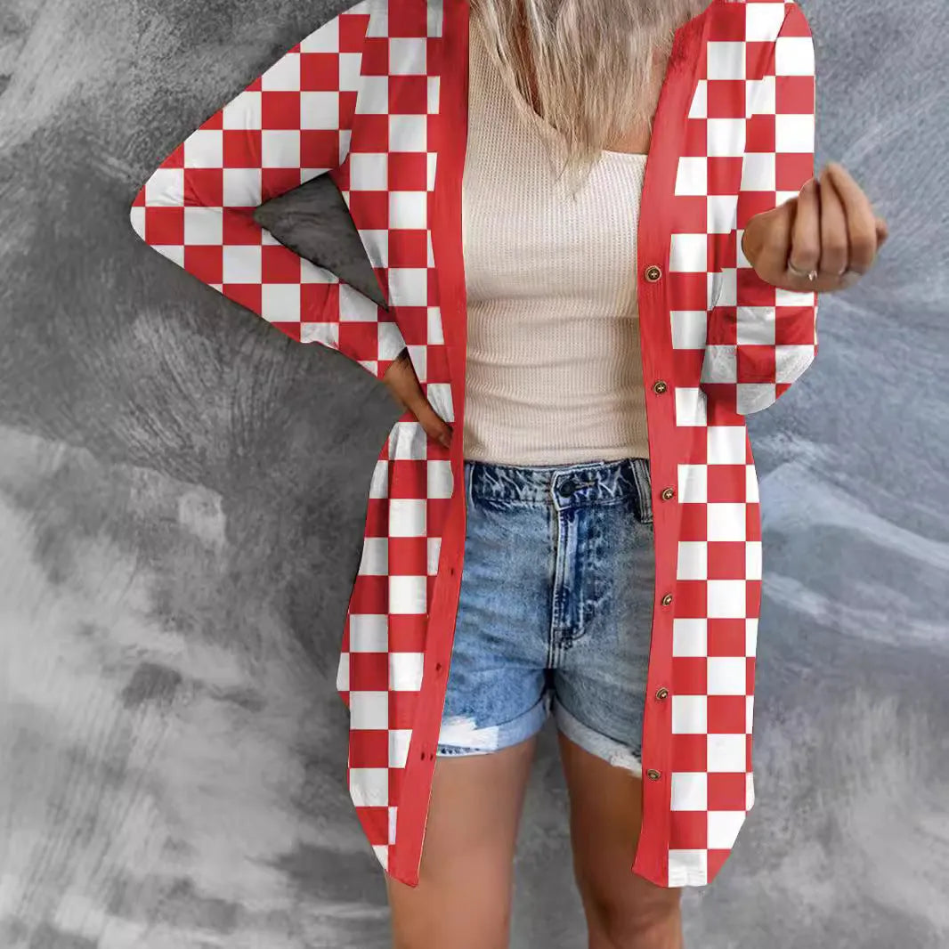 Women's long grey plaid knitted cardigan coat with loose fit and regular sleeves