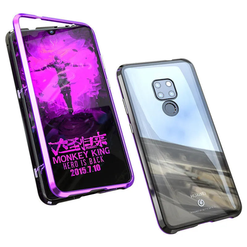 Black magnetic phone case with metal frame and glass back for Huawei smartphones.