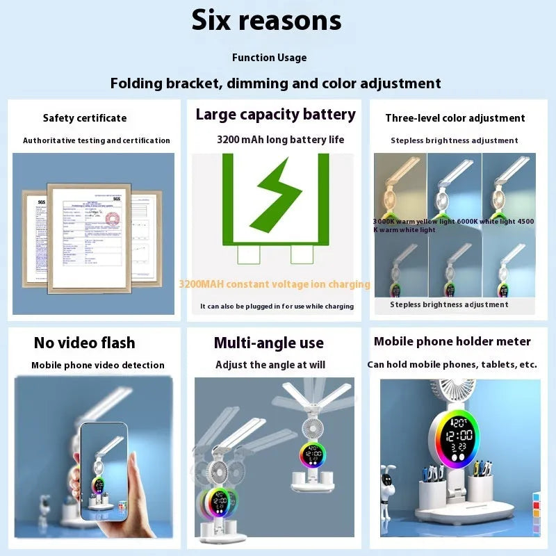 LED student rechargeable desk lamp with clock and fan option, USB powered, modern design