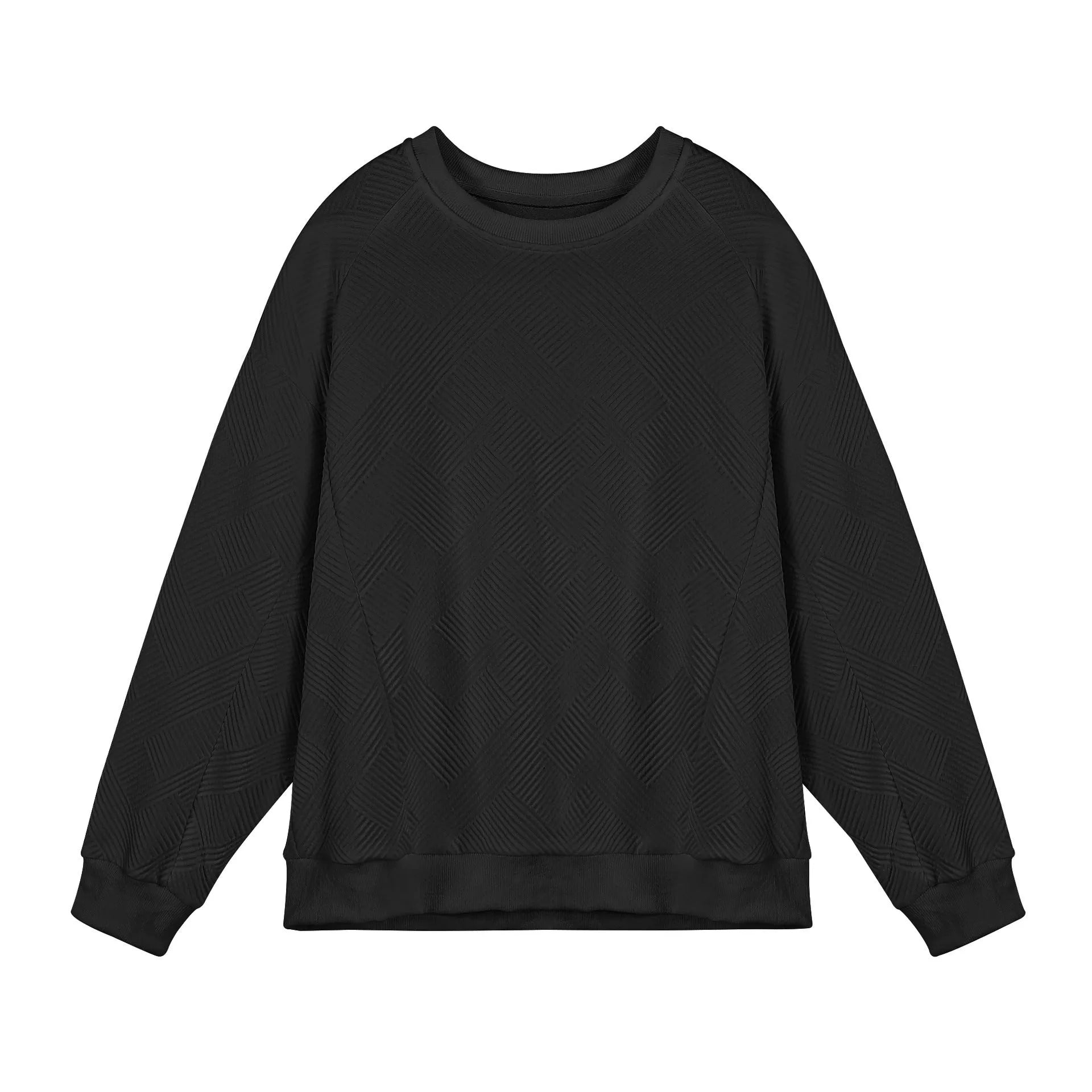 Men's loose fit solid colour twill jacquard pullover sweater on a hanger.