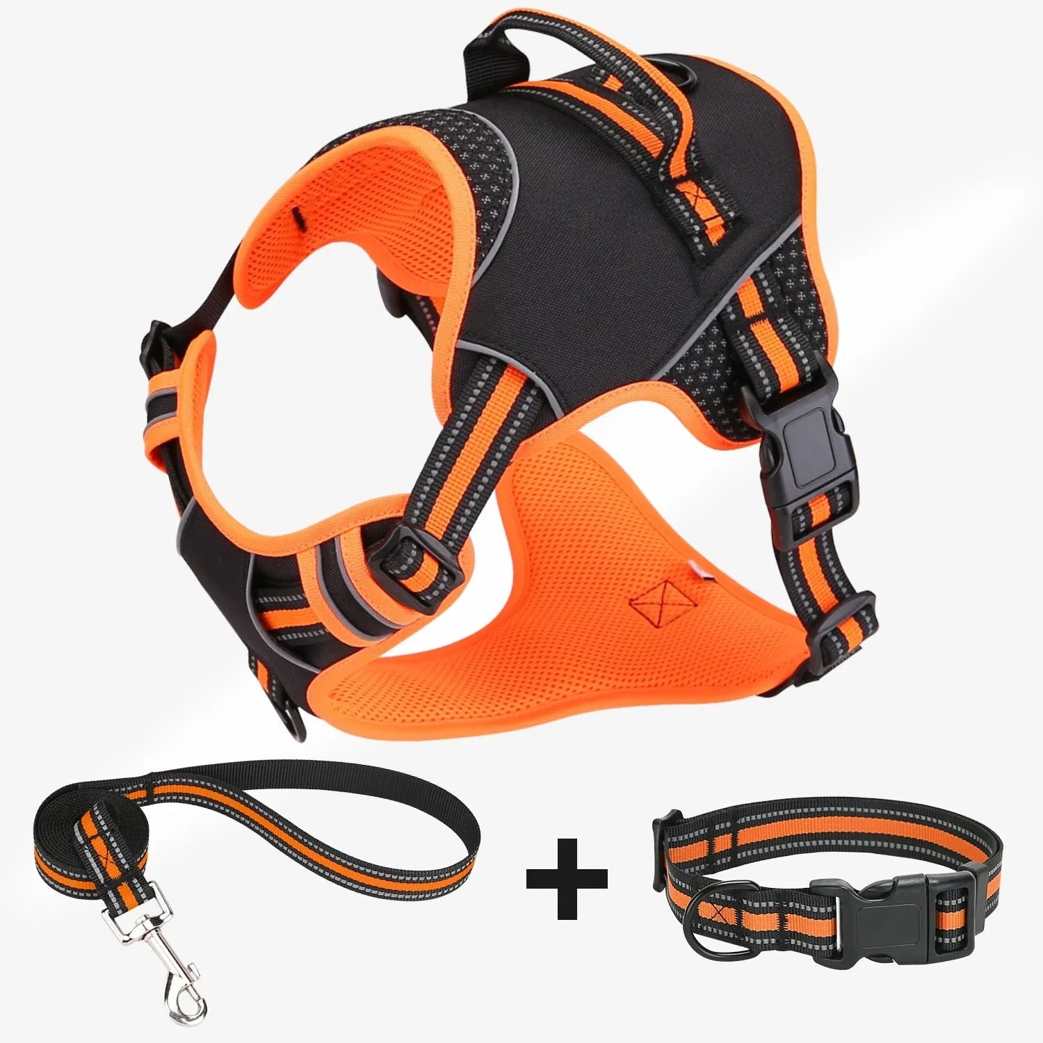 Orange polyester dog harness and lead set shown on size chart for S, M, and L specifications.