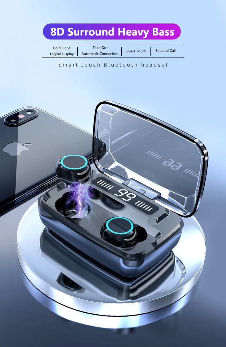 Black M11 style Bluetooth wireless headset with digital display, showing charging case with integrated mobile phone holder.