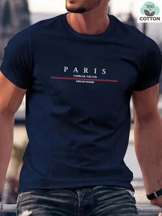 Men's short-sleeved pure cotton T-shirt with a printed letter design in a loose fit.
