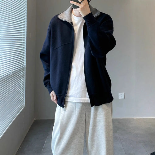 Barne style contrast colour knitted cardigan sweater for men, loose fit, long sleeves, apricot colour, front view