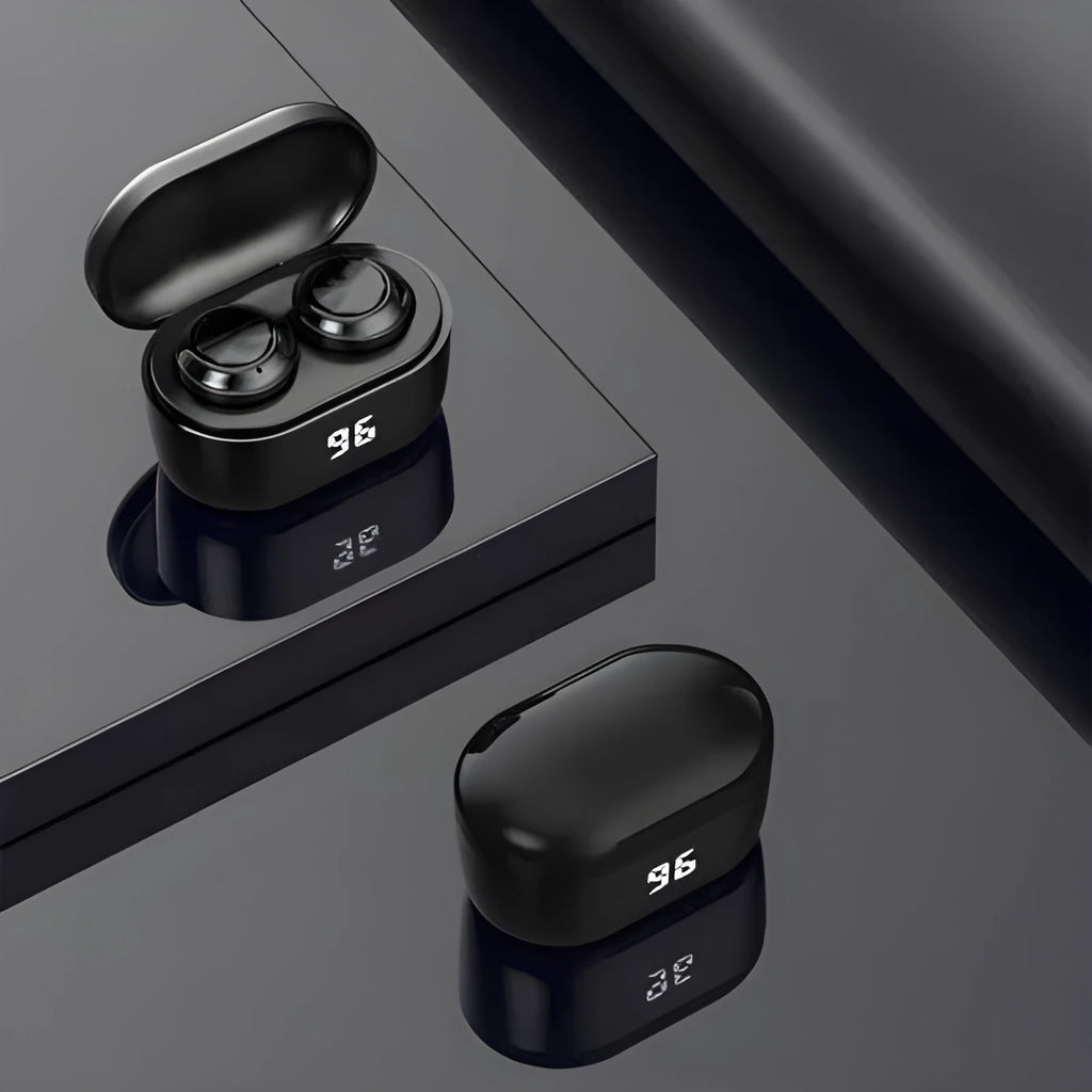 Black stereo Bluetooth wireless earbuds with earplug design for music and calls.