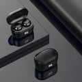 Black stereo Bluetooth wireless earbuds with earplug design for music and calls.