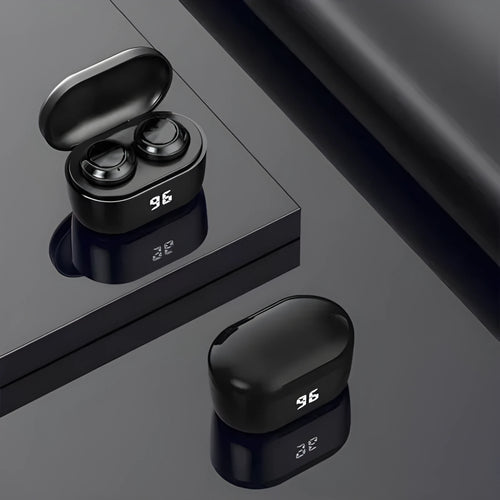 Black stereo Bluetooth wireless earbuds with earplug design for music and calls.