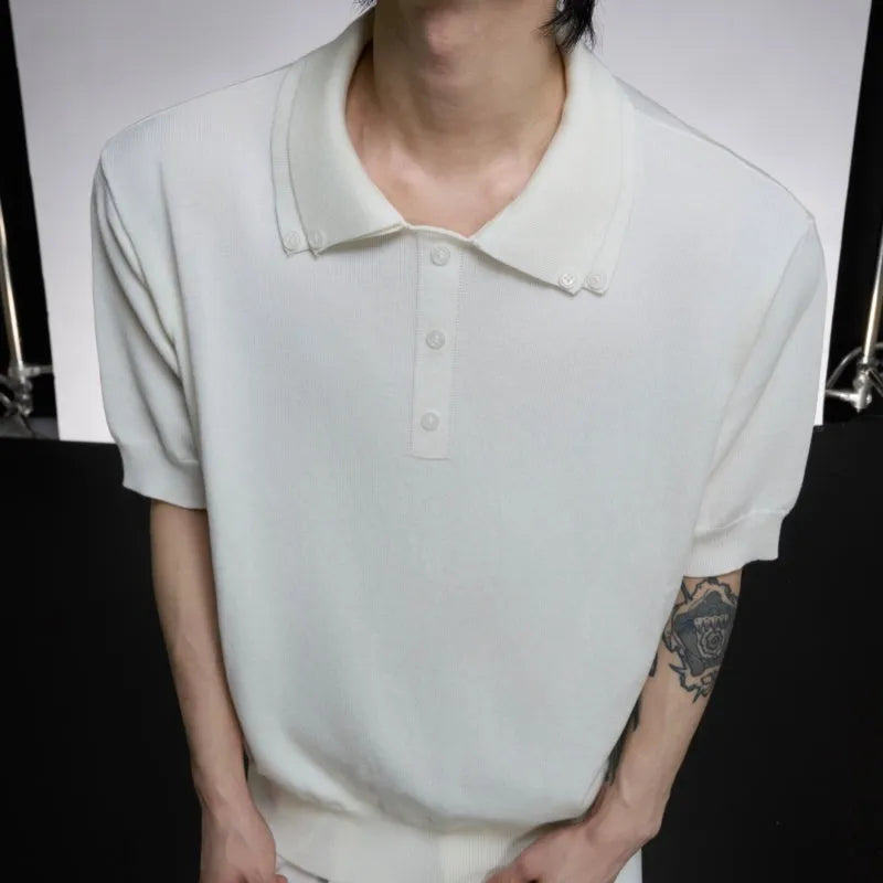 Men's black slim knit short sleeve shirt with double collar design and fastener decoration