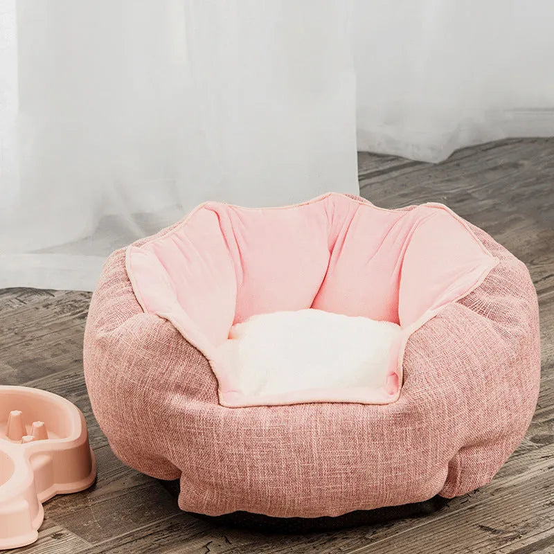 Octagonal pet bed with removable mats in blue colour with soft wool point design