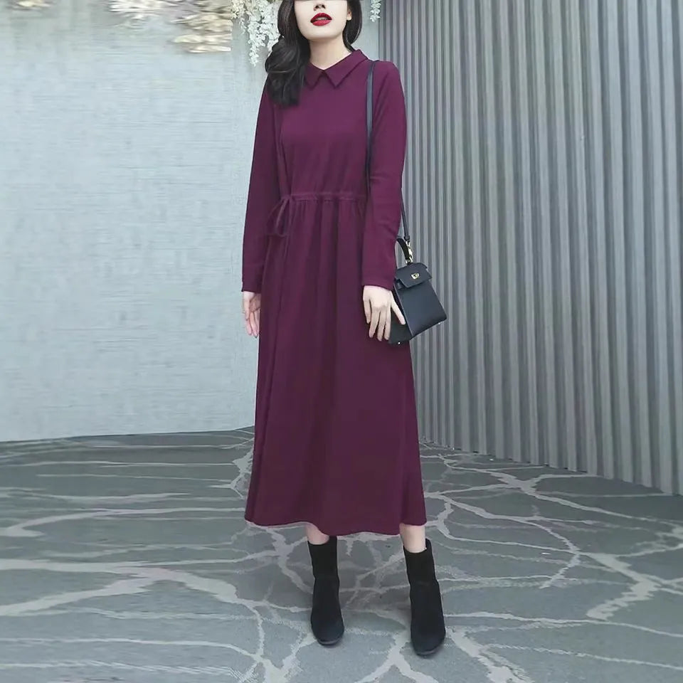 Women's purplish red plus size long sleeve dress for autumn and winter.