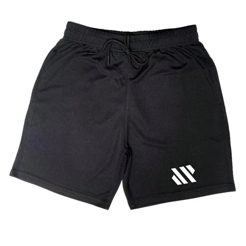 Man's loose-fit metal silk sports shorts in various colours on a hanger.
