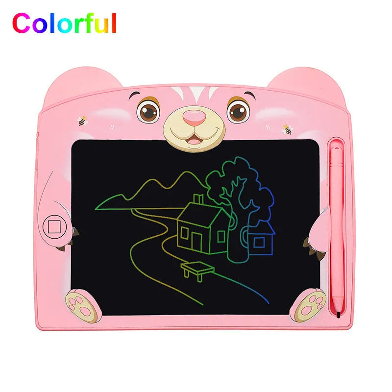 Sky blue children's LCD writing tablet with bear cartoon design showing writing area and stylus
