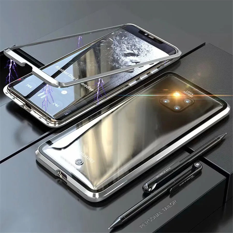 Black magnetic phone case with metal frame and glass back for Huawei smartphones.