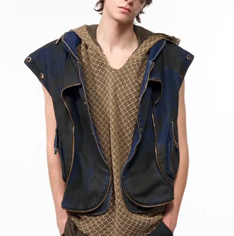 Blue denim-style hooded vest coat with matching trousers laid flat as a two-piece set.